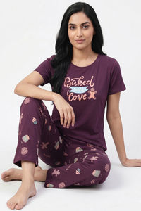 Zivame Farm Lore Knit Cotton Pyjama Set - Plum Purple — thumbnail 5